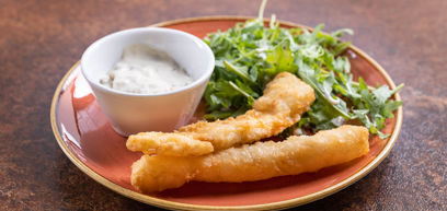 Halloumi sticks served with salad and a dipping sauce